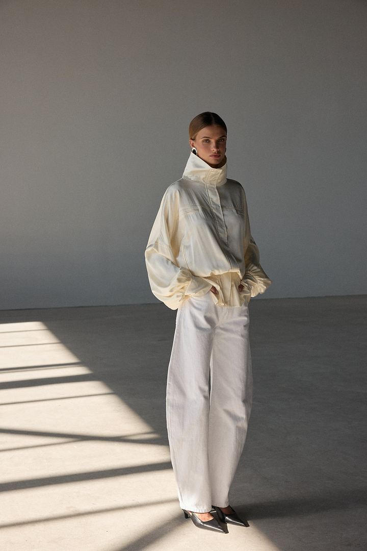 Silk Peplum Bomber Jacket (Cream)