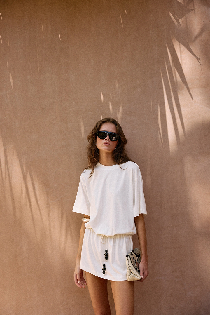 Stone Beaded T-Shirt Dress (White)