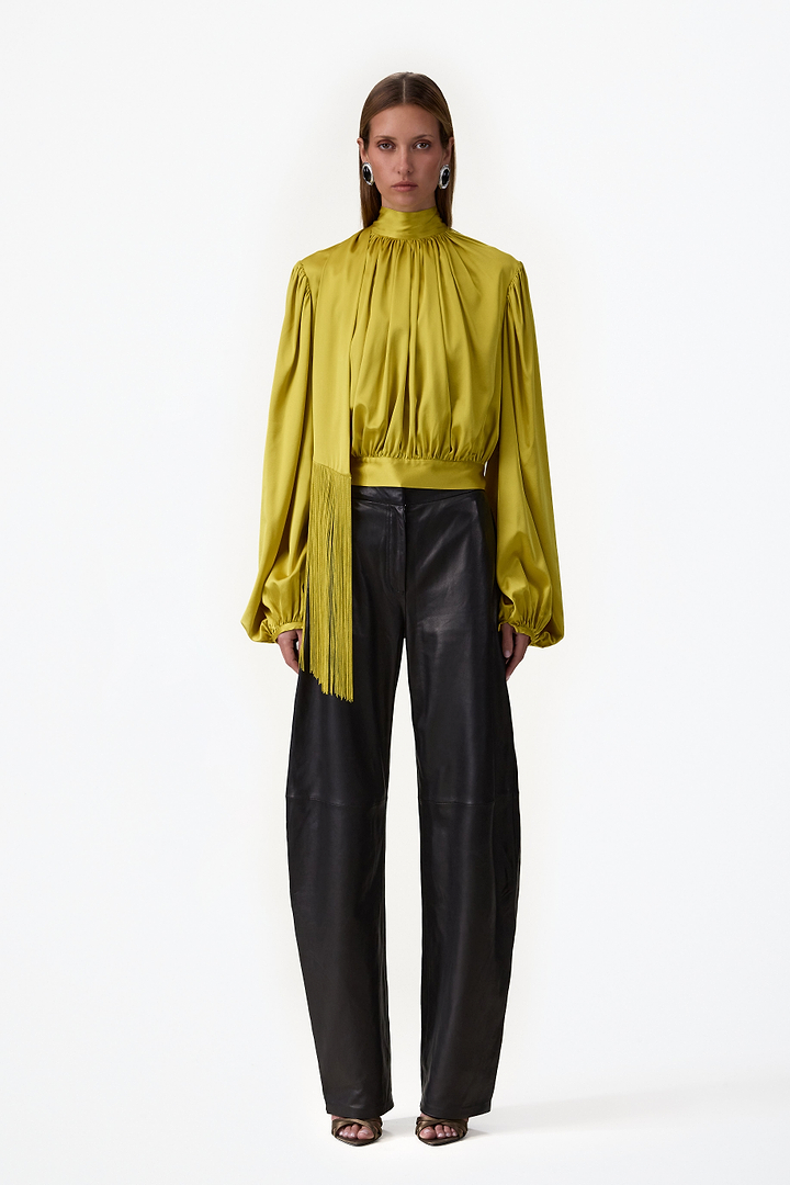 Draped Fringe Silk Blouse (Chartreuse)