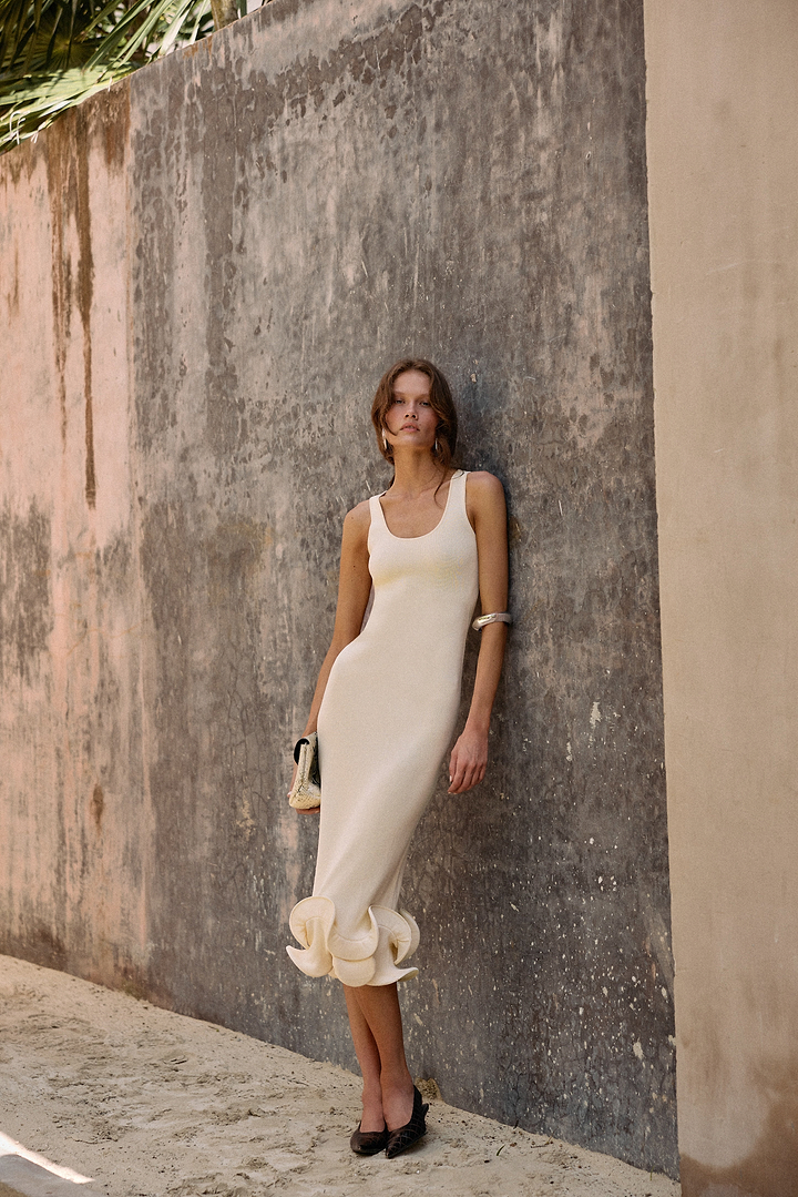 Double Ruffle Hem Midi Dress (Cream)