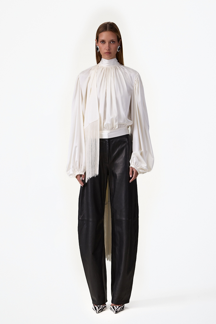 Draped Fringe Silk Blouse (Cream)