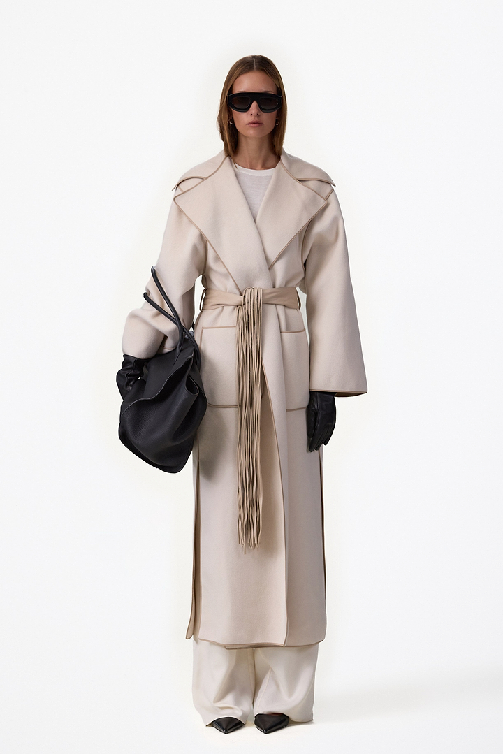 Fringe Tie Wool Coat (Ecru/Taupe)