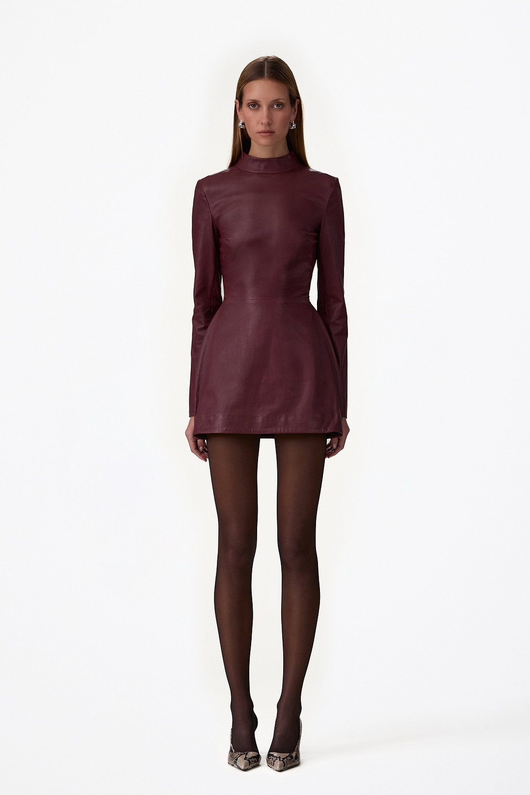 Long Sleeve Leather Mini Dress (Burgundy)