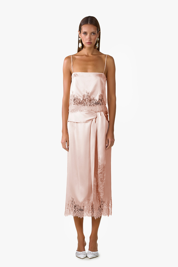 Lace Silk Midi Skirt (Rose Clay)