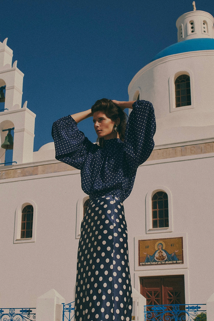 Draped Sleeve Chiffon Top (Navy White Polka Dot)