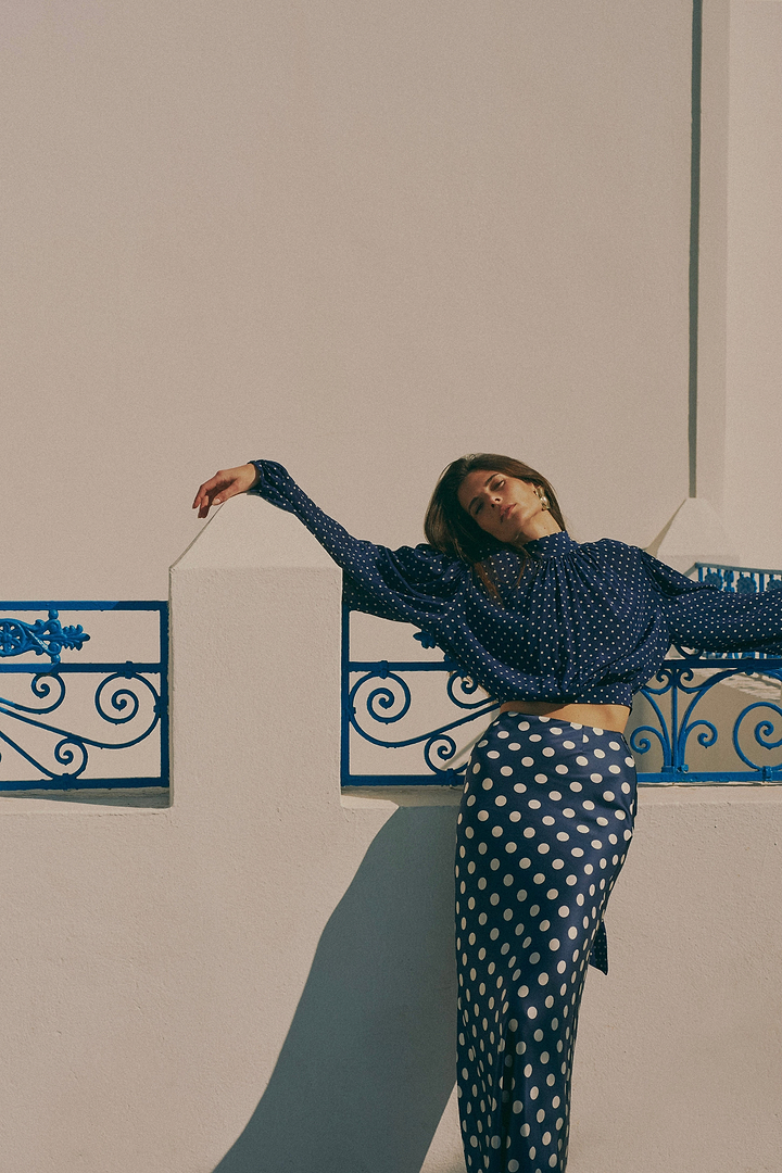 Draped Sleeve Chiffon Top (Navy White Polka Dot)