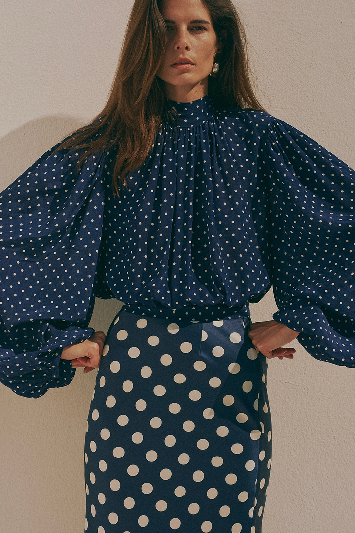 Draped Sleeve Chiffon Top (Navy White Polka Dot)