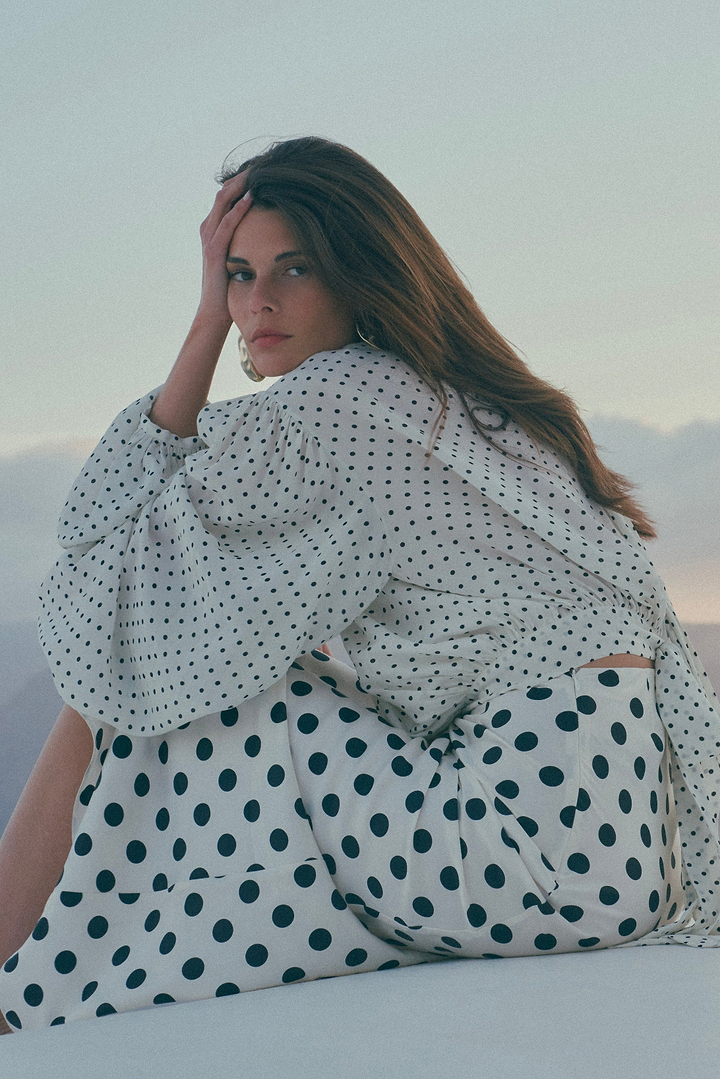 Draped Sleeve Chiffon Top (Cream Black Polka Dot)
