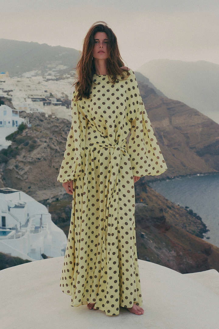 Draped Tie Chiffon Gown (Butter Yellow Polka Dot)