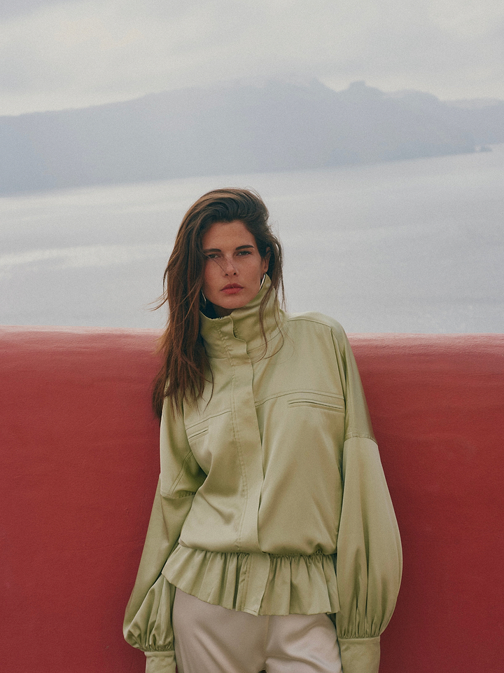 Silk Peplum Bomber Jacket (Sage)