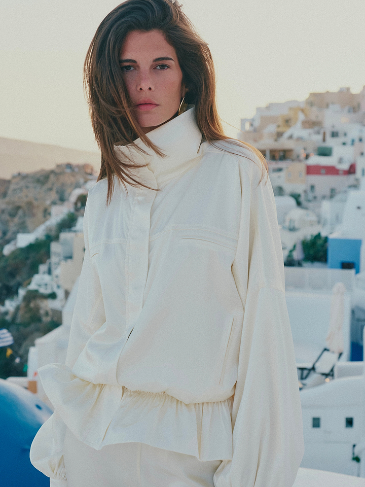 Silk Peplum Bomber Jacket (Cream)