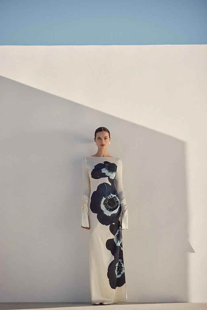 Silk Floral Gown (Cream/Navy)