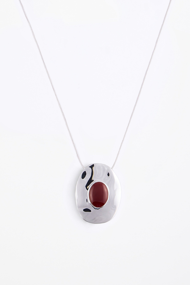 Stone Pendant Necklace (Silver/Oxblood)