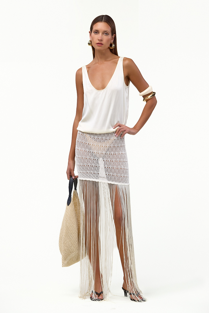 Fringe Knit Maxi Skirt (Cream)