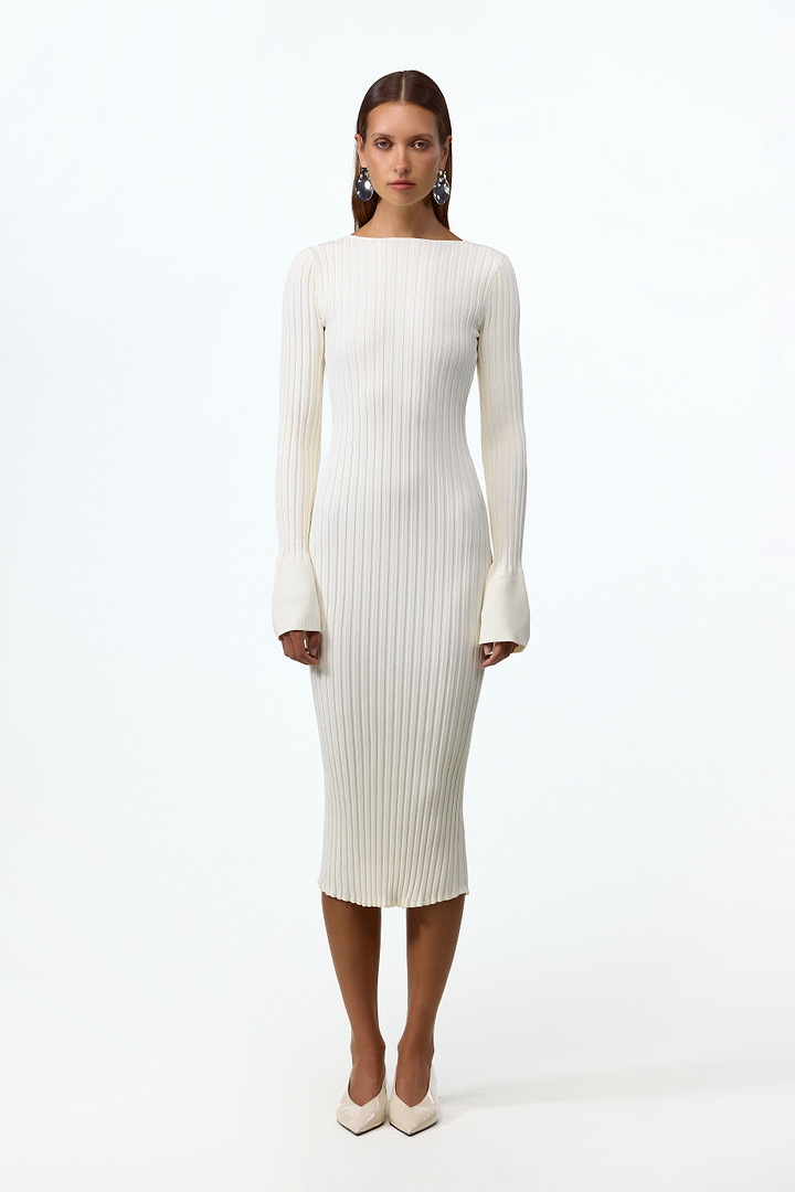 Cuffed Ribbed Knit Dress (Cream)