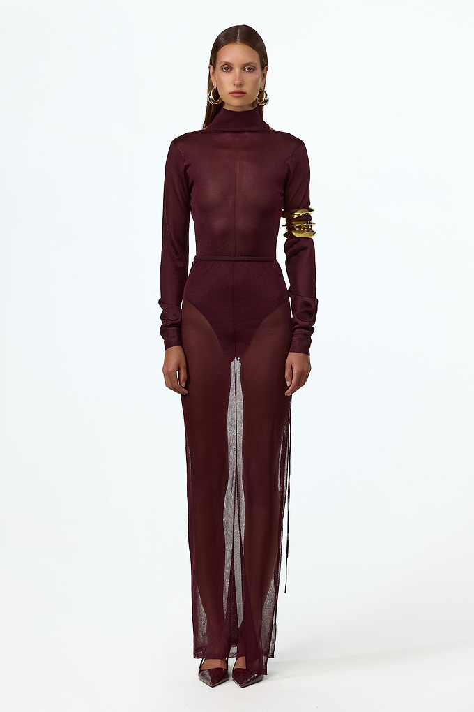 Ruched Knit Maxi Skirt (Merlot Shimmer)