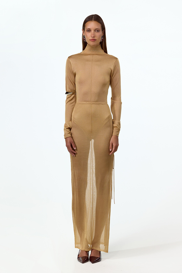 Ruched Knit Maxi Skirt (Gold)