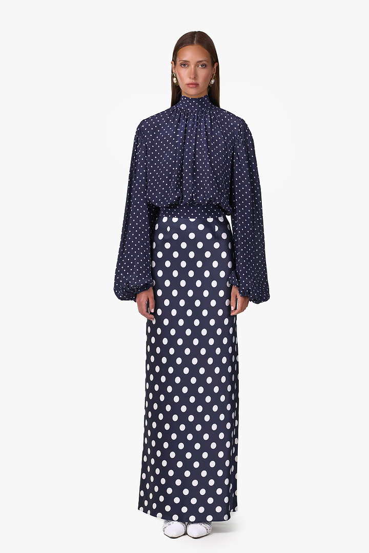 Draped Sleeve Chiffon Top (Navy White Polka Dot)