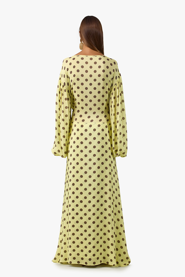 Draped Tie Chiffon Gown (Butter Yellow Polka Dot)