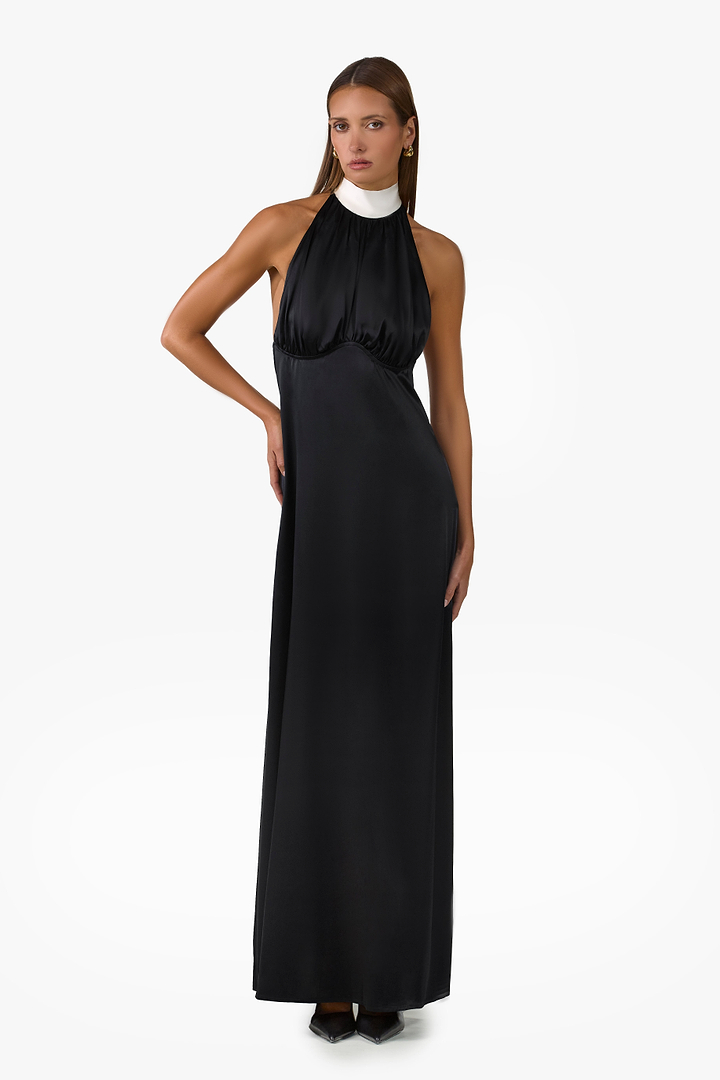 Contrast Tie Neck Gown (Black)