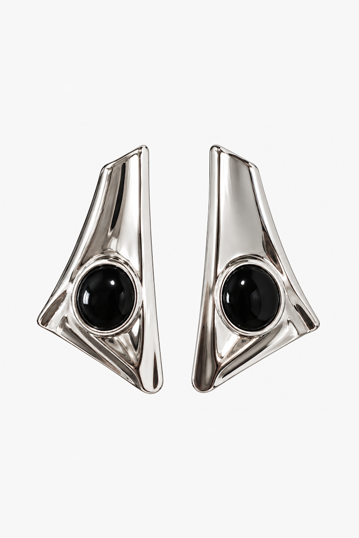 Abstract Hammered Stone Earring (Silver/Black)