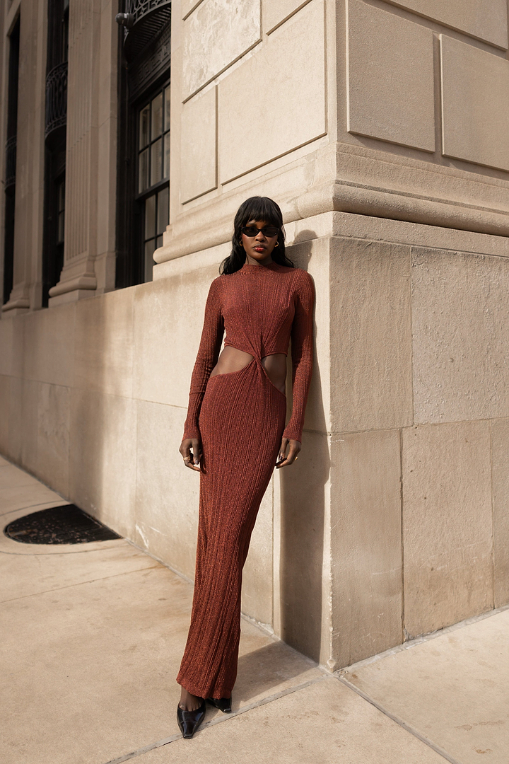 Metallic Twist Maxi Dress (Chocolate Brown)