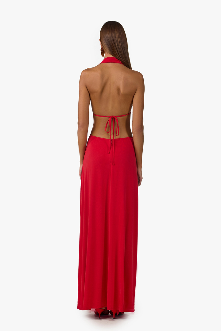 Plunge Neck Maxi Dress (Red)