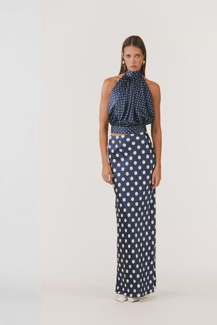 Silk Halter Top (Navy White Polka Dot)