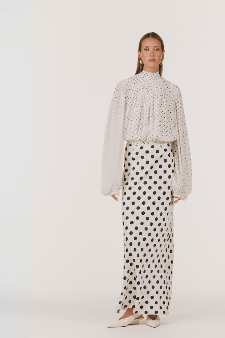 Draped Sleeve Chiffon Top (Cream Black Polka Dot)