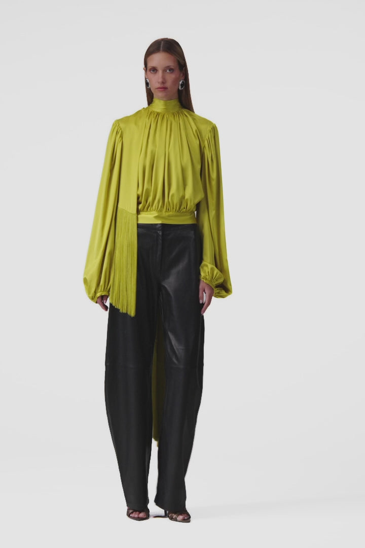 Draped Fringe Silk Blouse (Chartreuse)