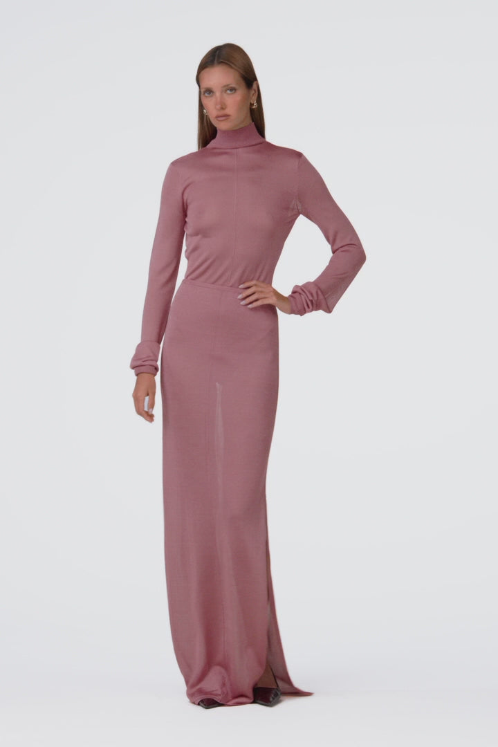 Ruched Knit Maxi Skirt (Dusty Mauve Shimmer)