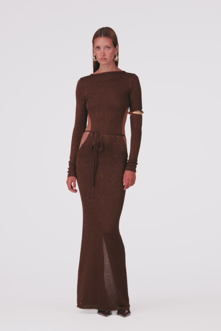 Long Sleeve Tie Maxi (Chocolate Brown)