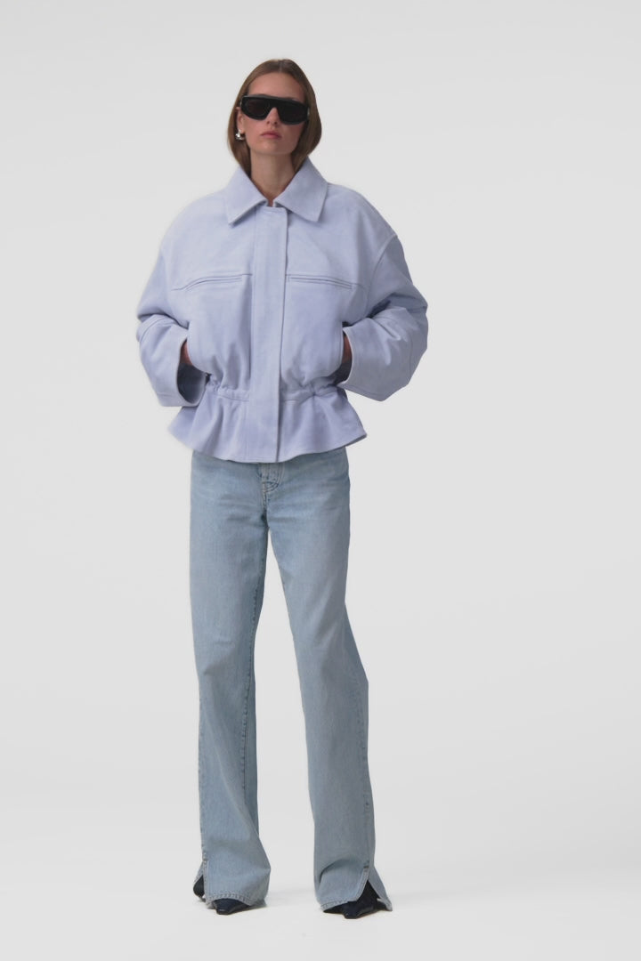 Suede Peplum Bomber Jacket (Light Blue)