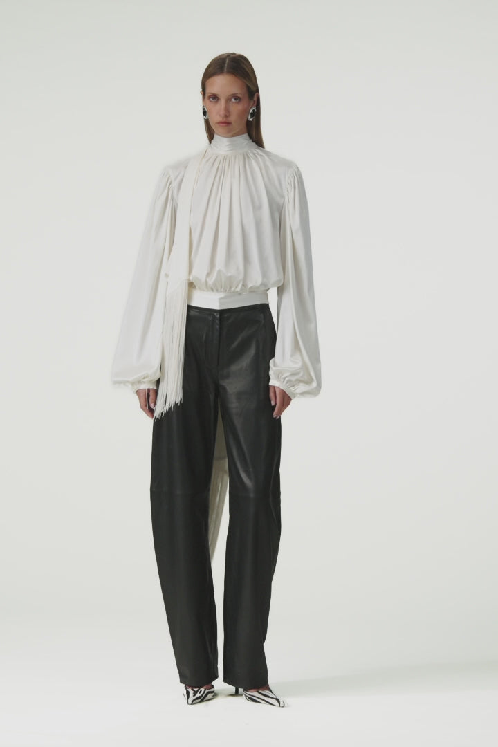Draped Fringe Silk Blouse (Cream)