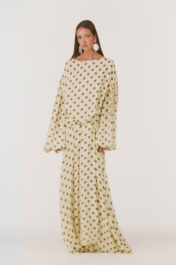 Draped Tie Chiffon Gown (Butter Yellow Polka Dot)