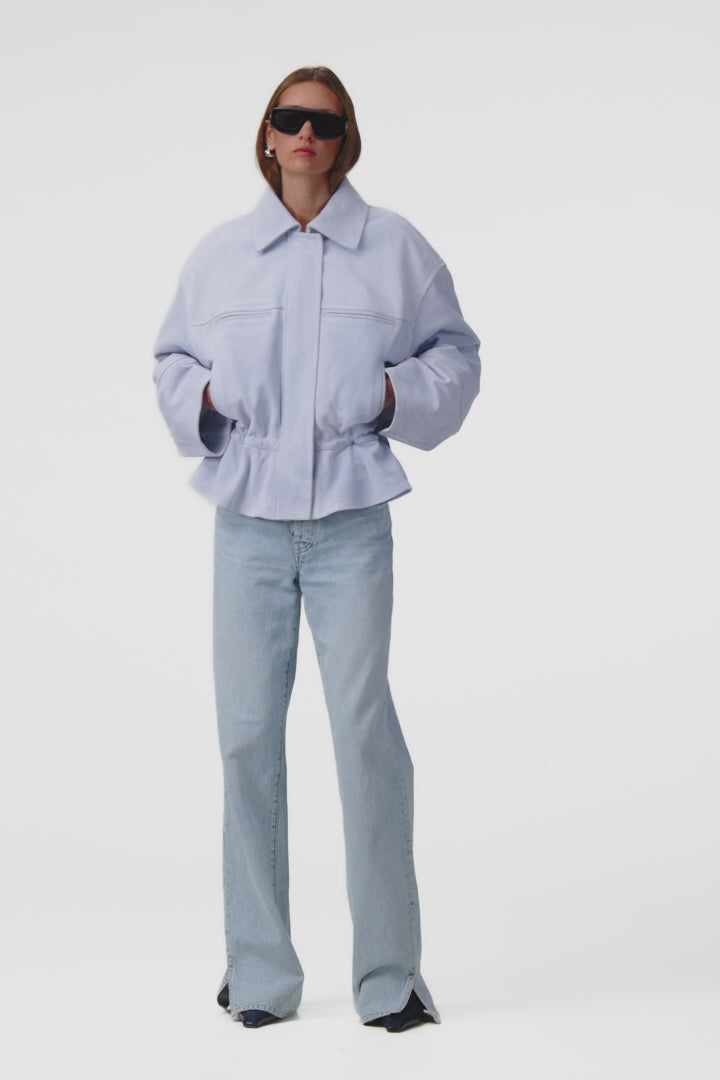 Suede Peplum Bomber Jacket (Pale Blue)