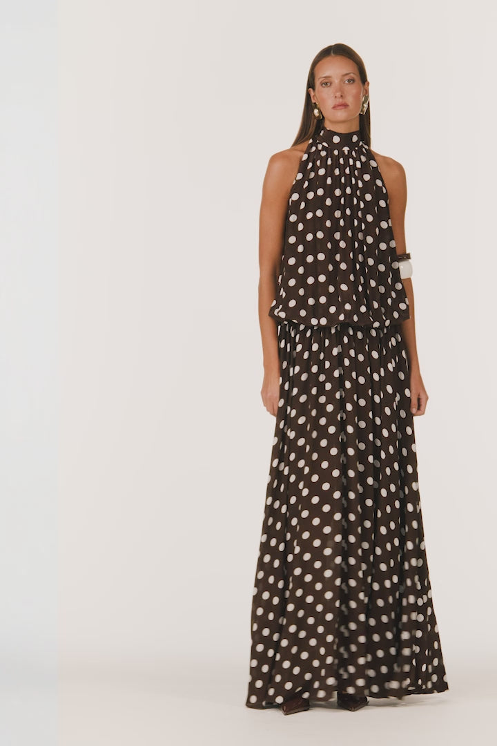 Drop Waist Chiffon Gown (Chocolate Brown Polka Dot)