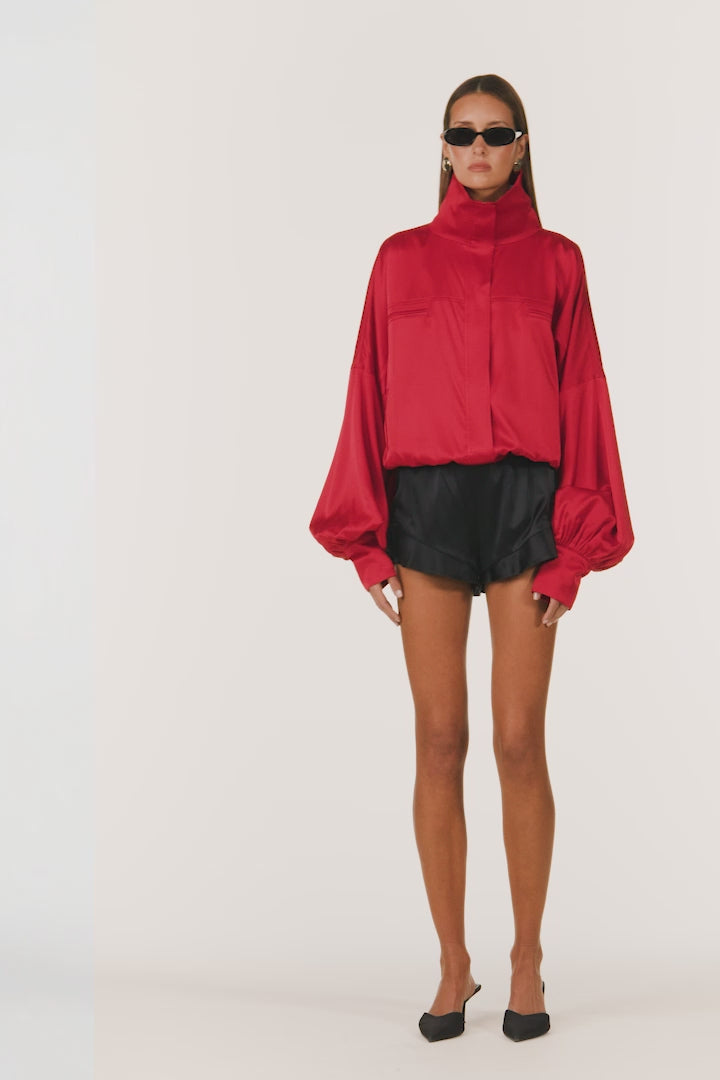 Silk Peplum Bomber Jacket (Red)