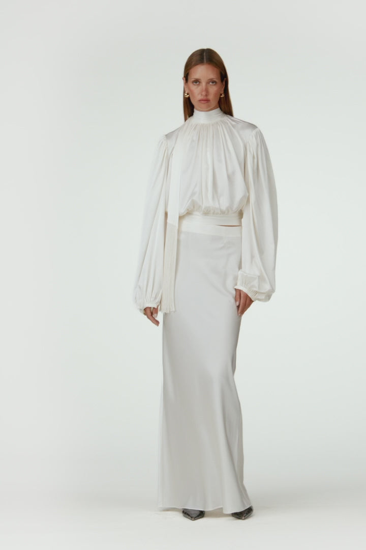 Draped Fringe Silk Blouse (Cream)
