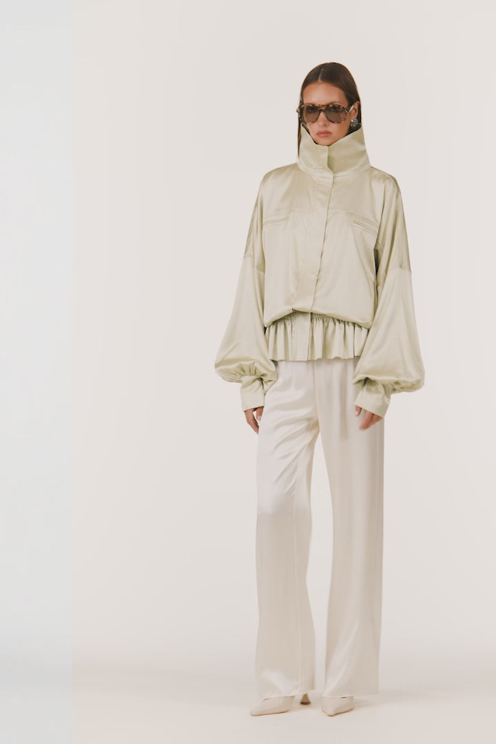 Silk Peplum Bomber Jacket (Sage)