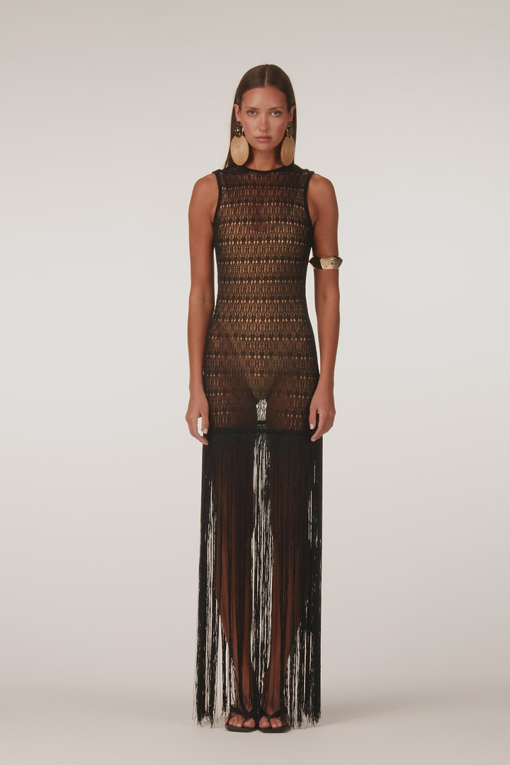Fringe Knit Maxi Dress (Black)