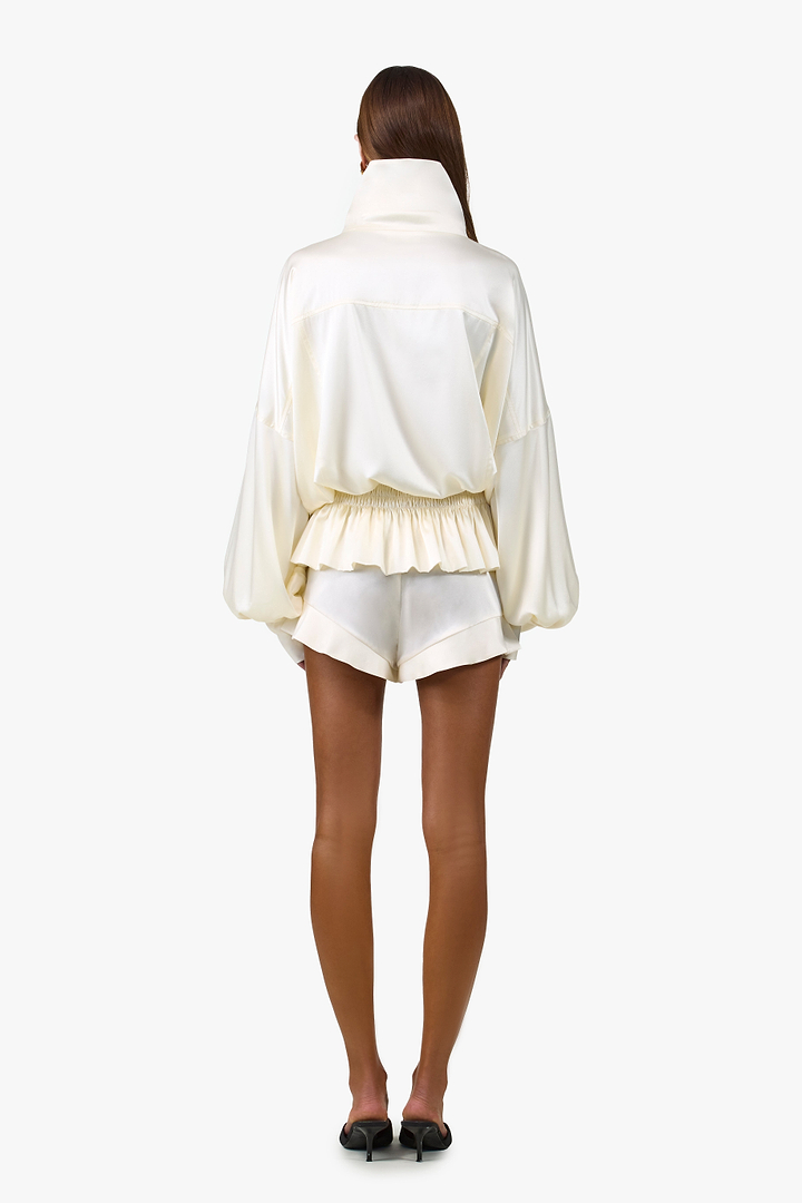 Silk Peplum Bomber Jacket (Cream)