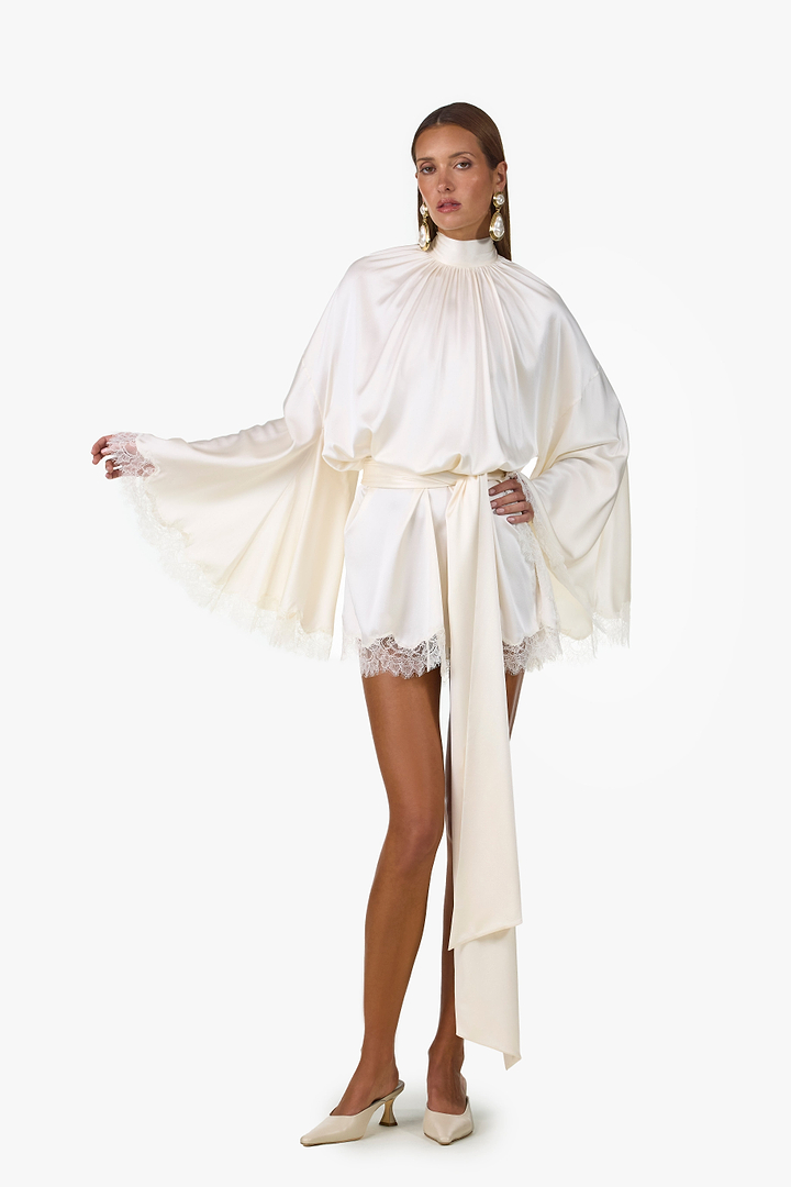 Lace Silk Mini Dress (Cream)