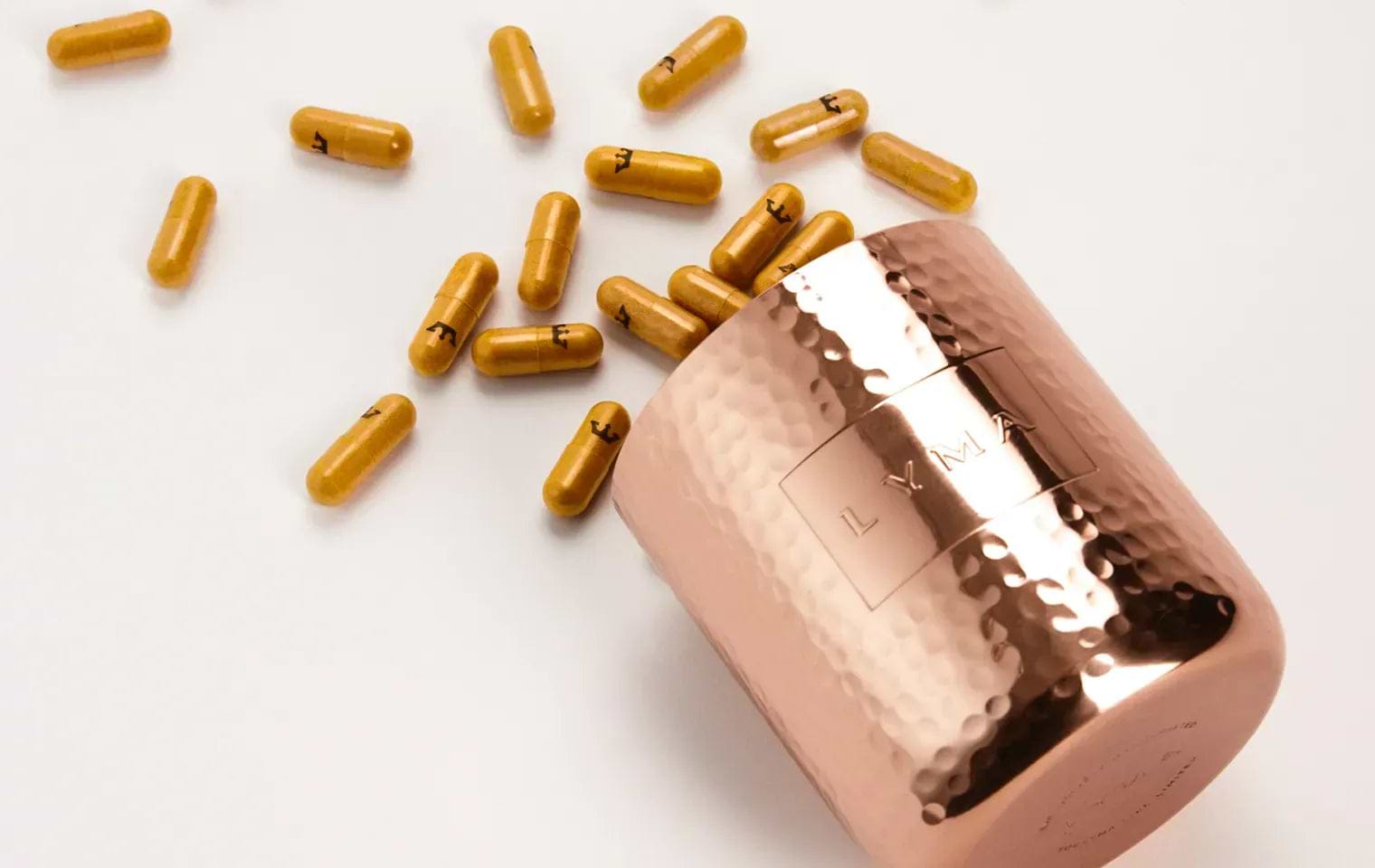 LYMA Supplement copper jar and yellow capsules