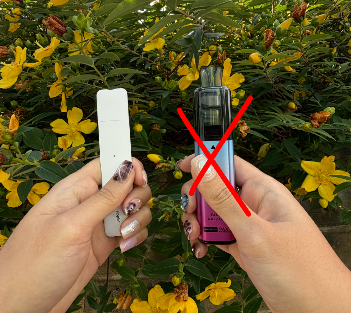 A ripple⁺ device held next to a crossed-out nicotine vape