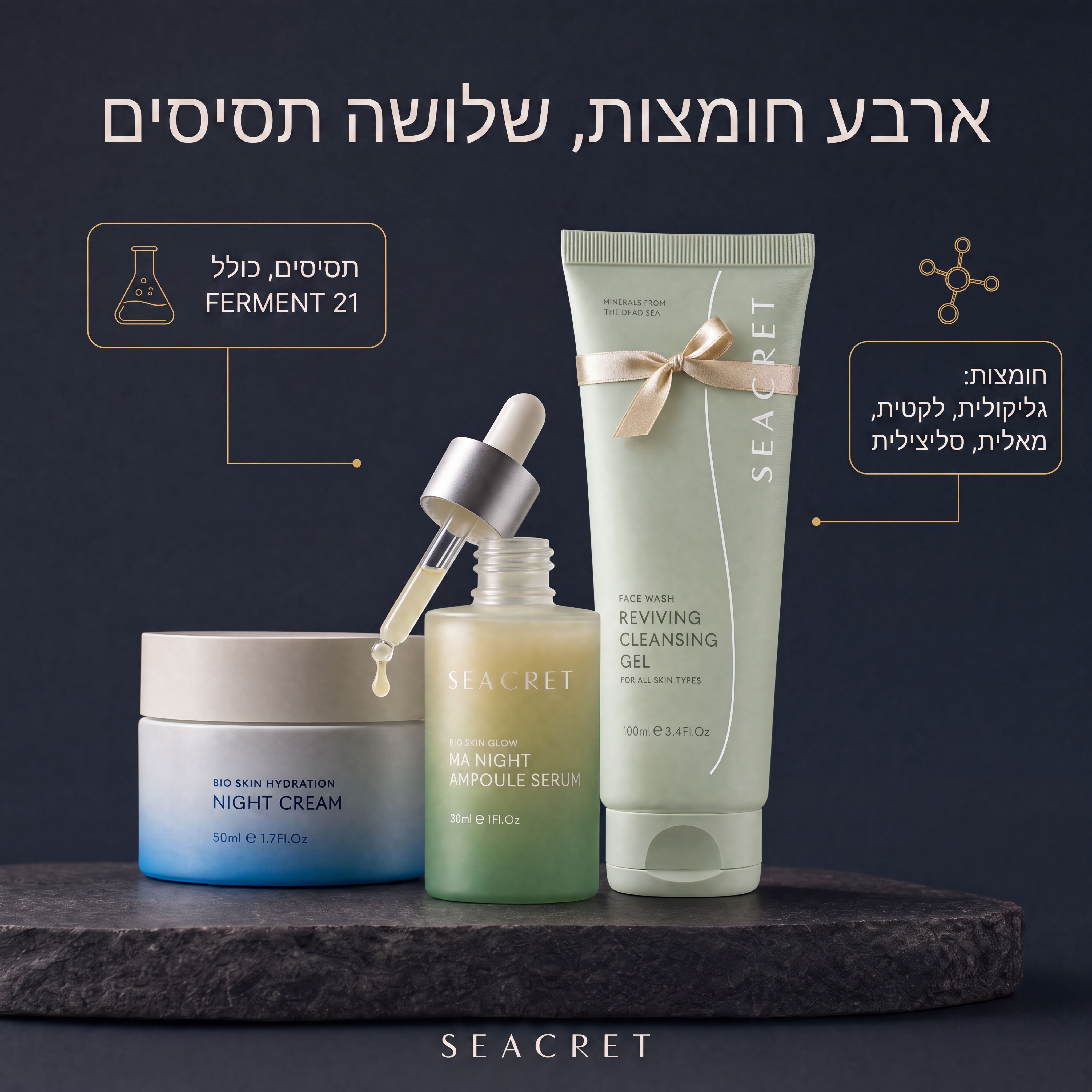 ערכת חומצות לילה: קרם לילה+ סרום חומצות+ סבון פנים מתנה