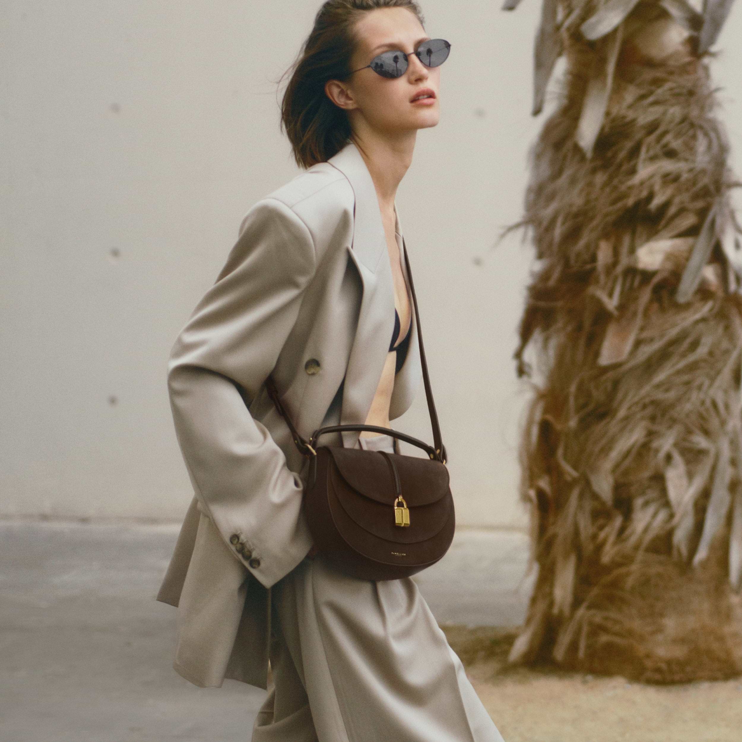 The Siena Saddle | Mocha Suede & Mocha Small Grain | Demellier
