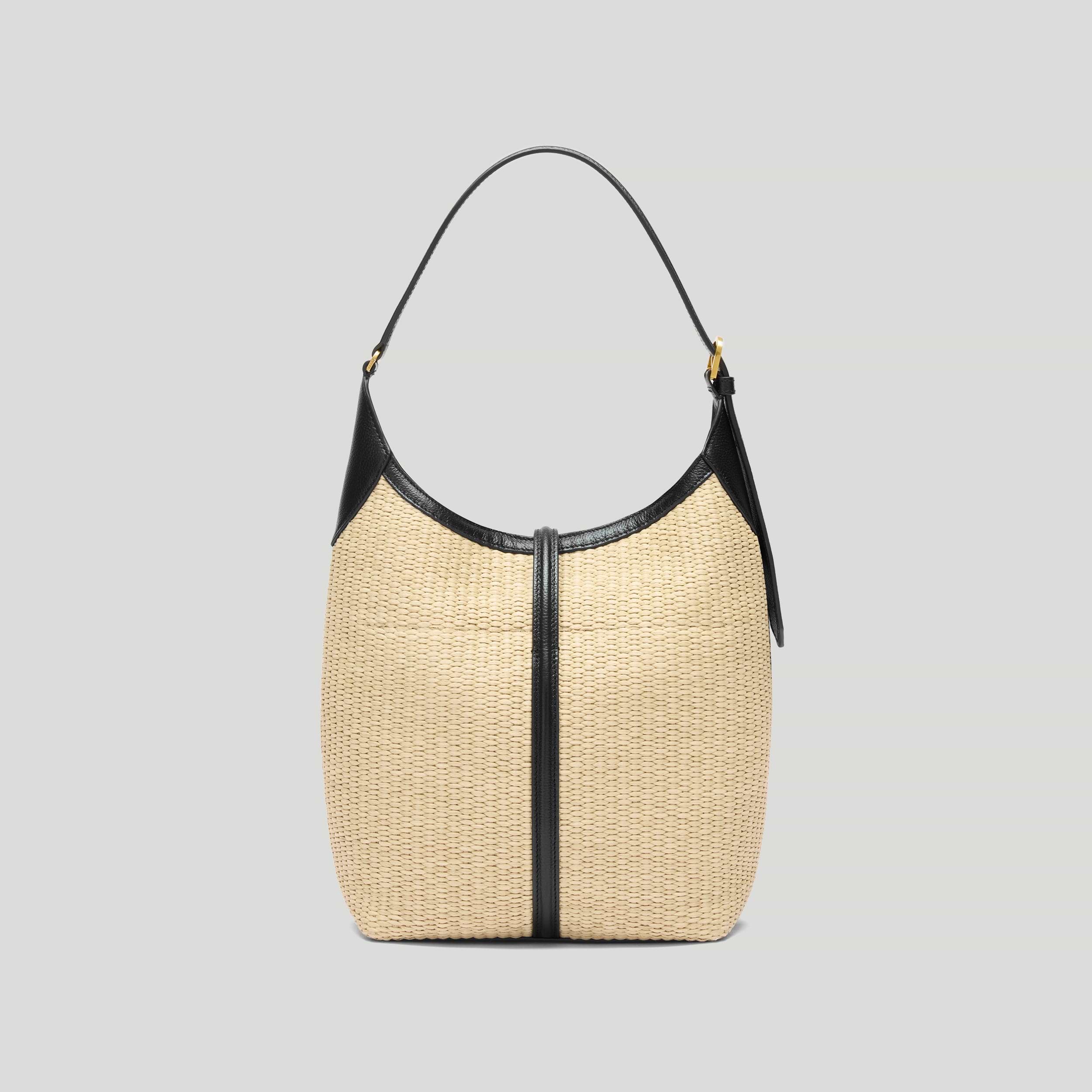 The Siena Bucket | Natural Raffia & Black Smooth | DeMellier
