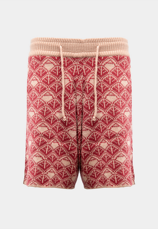 Ashluxe Monogram Knitted Shorts in pink and cream with drawstring waist and geometric knit pattern.