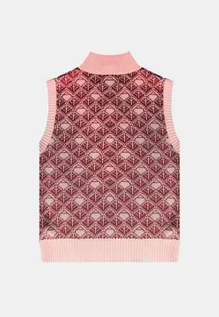 Ashluxe Zip Monogram Knitted Vest in pink and cream with half-zip neckline and geometric monogram pattern.